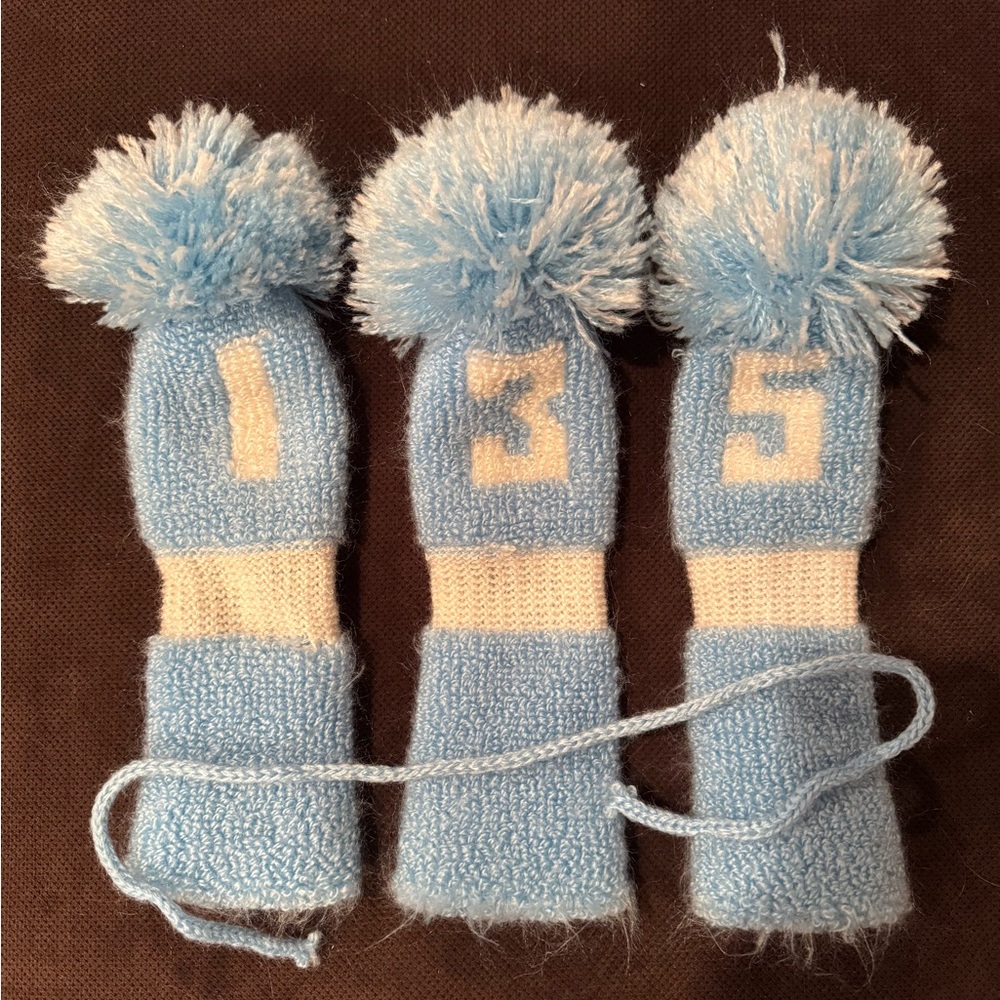 Vintage Knit Golf Club Headcovers Set Pom Pom Blue White 1 3 5 Retro